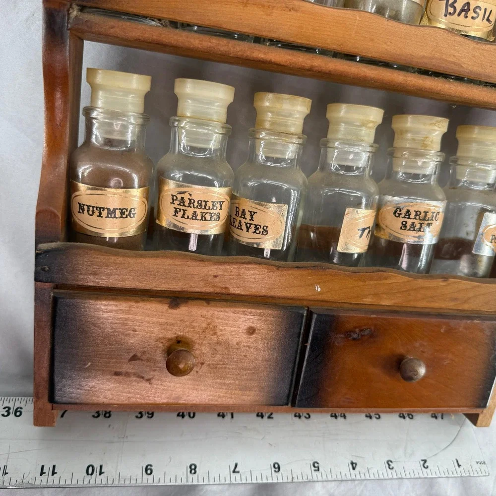 Vintage Wooden Spice Rack 12 Glass Apothecary Jars 2 Drawers Wall Mount Brown
